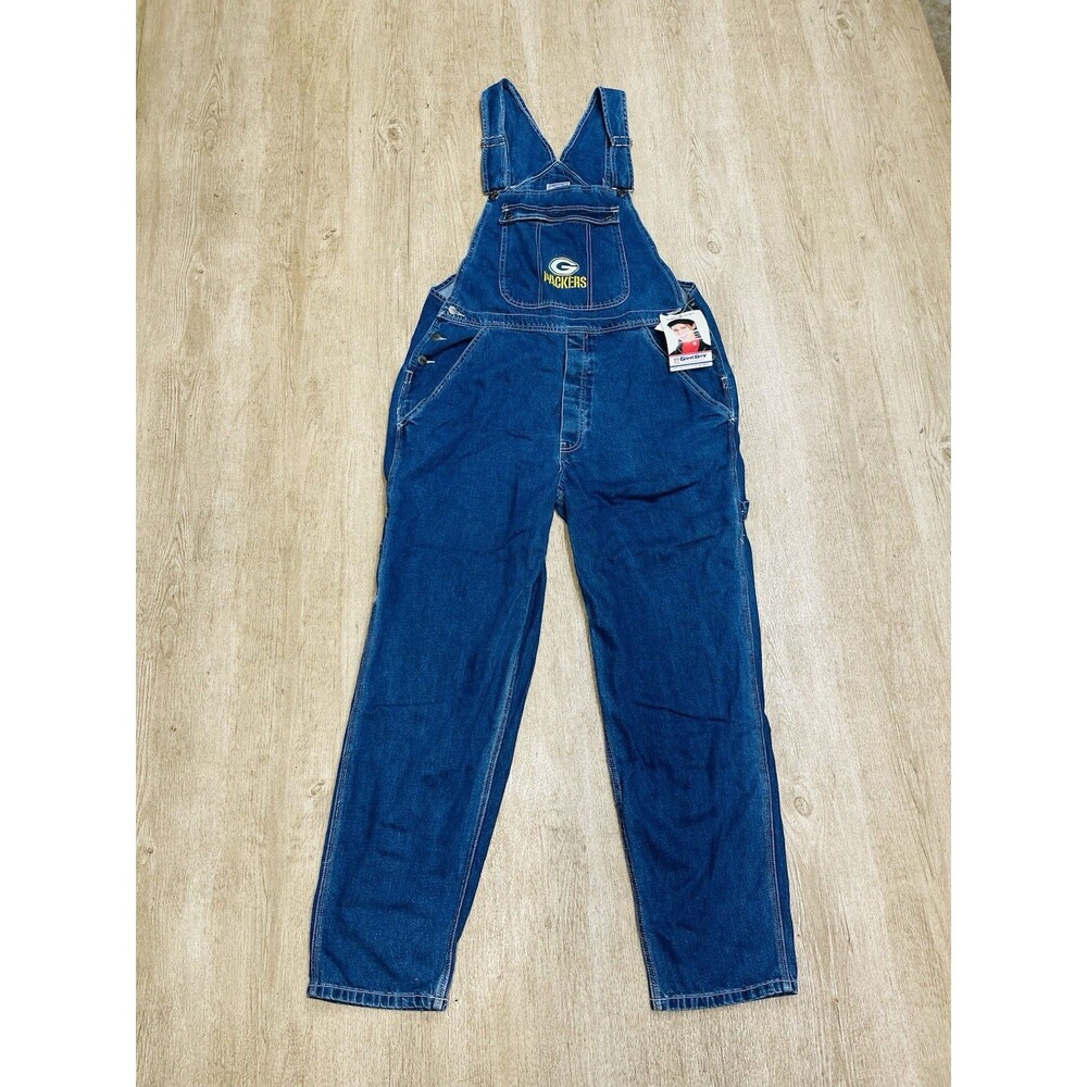 Rare NEW Vintage GAME DAY Green Bay Packers NFL Blue Denim Bibs Overalls Sz 2XL